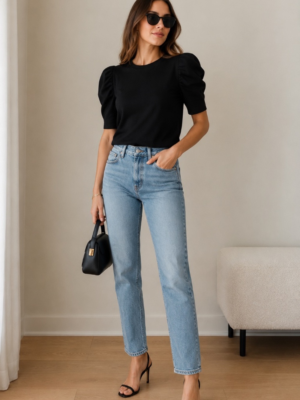 NWT | FRAME | The Frankie Black\Brown Puff Sleeve Tee | Size XS
